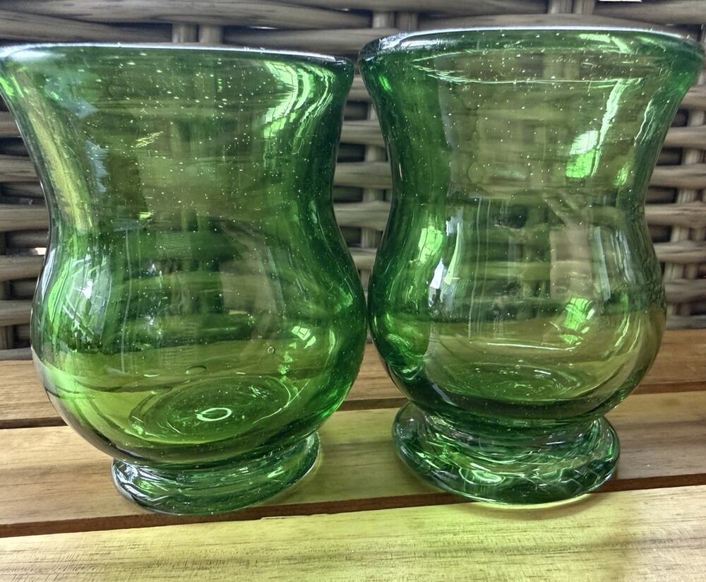 Hand blown Heavy Green Art Glass Votive Tealight Holders Set Of Two 4”x2.75”